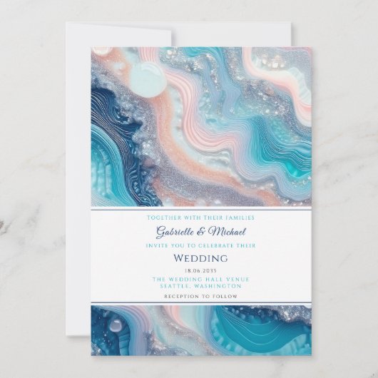 Invitation Turquoise marbre rose Agate Mariage d'été (Devant)