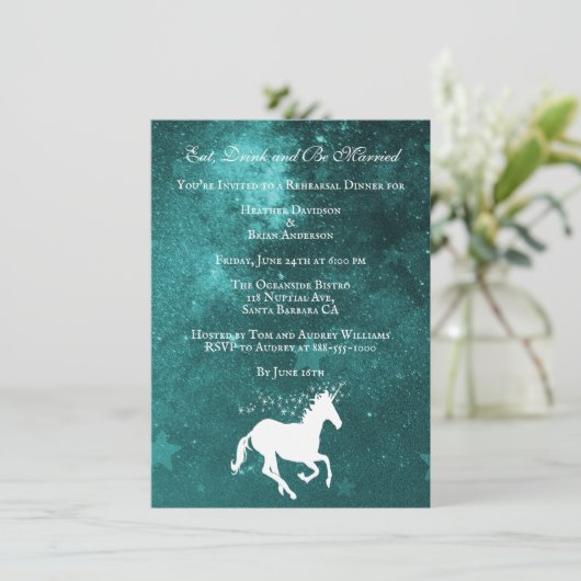 Invitation Turquoise Mariage de la licorne Dîner de répétitio (Debout devant)