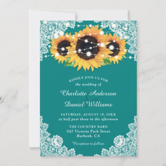 Invitation Turquoise Mariage de tournesol en dentelle russe (Devant)