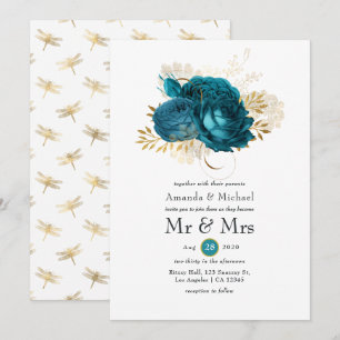 Invitation Turquoise - Mariage Floral Doré et Sarcelle