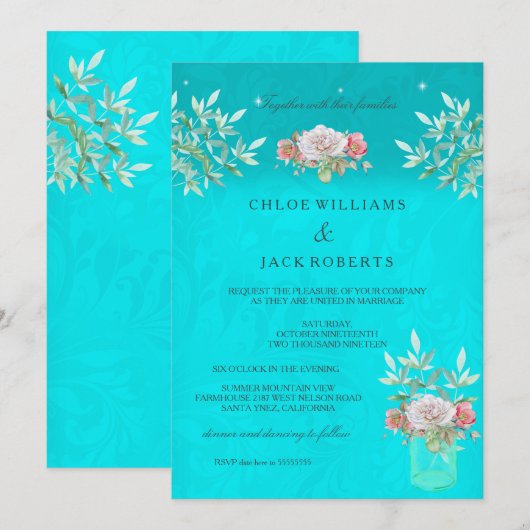 Invitation Turquoise mariage Floral Mason Jar Rose Rose Rose (Devant / Derrière)