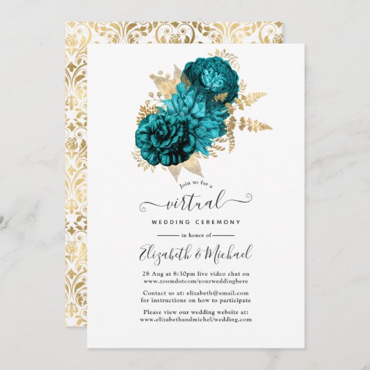 Invitation Turquoise - Mariage Floral Or et Sarcelle (Devant / Derrière)