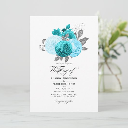 Invitation Turquoise - Mariage floral turquoise et argenté (Debout devant)