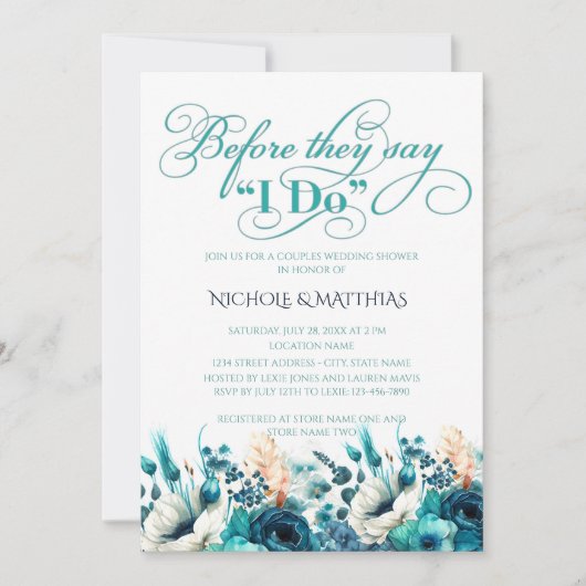 Invitation Turquoise Marine Blue Floral Couples Wedding showe (Devant)