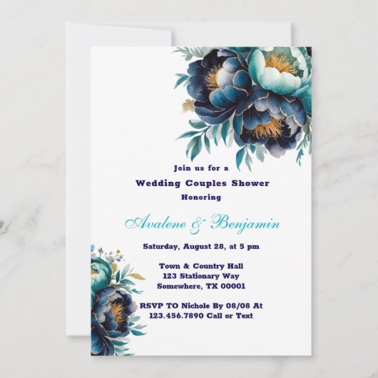 Invitation Turquoise Marine Blue Peony Mariage Couples Douche (Devant)