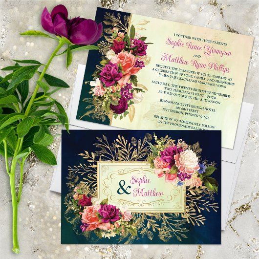 Invitation Turquoise, Marine, Vert, Gold Bold Florals Mariage