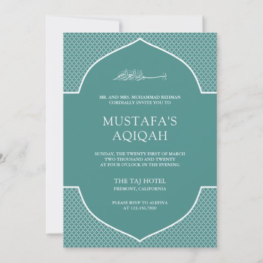 Invitation Turquoise marocain musulman Aqiqah (Devant)