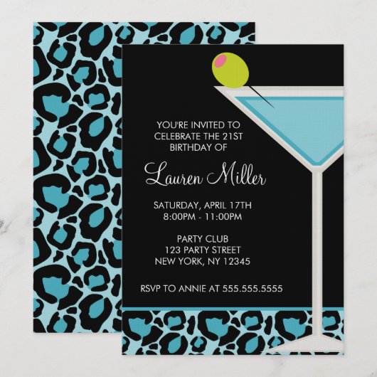 Invitation Turquoise Martini et empreinte de léopard (Devant / Derrière)