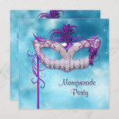 Invitation Turquoise mascarade bleue et violet (Devant / Derrière)
