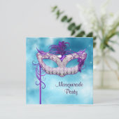 Invitation Turquoise mascarade bleue et violet (Debout devant)