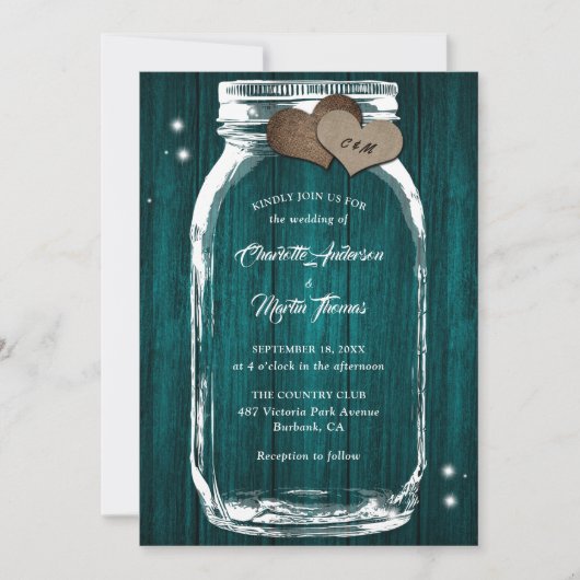 Invitation Turquoise Mason Jar Burlap Coeurs Grange Mariage e (Devant)