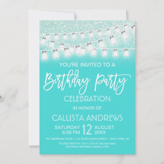 Invitation Turquoise Mason Jar Chaîne Lumières Parties scinti (Devant)