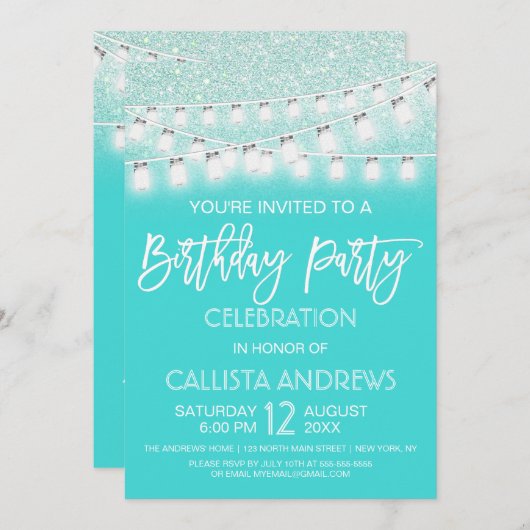 Invitation Turquoise Mason Jar Chaîne Lumières Parties scinti (Devant / Derrière)