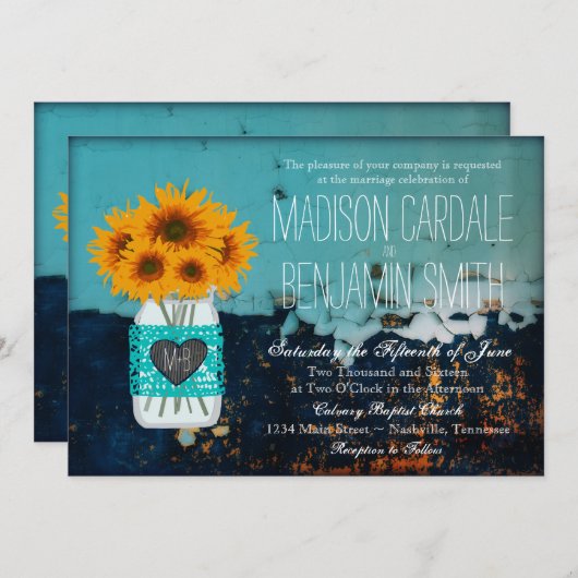 Invitation Turquoise Mason Jar Tournesols Mariage rustique In (Devant / Derrière)