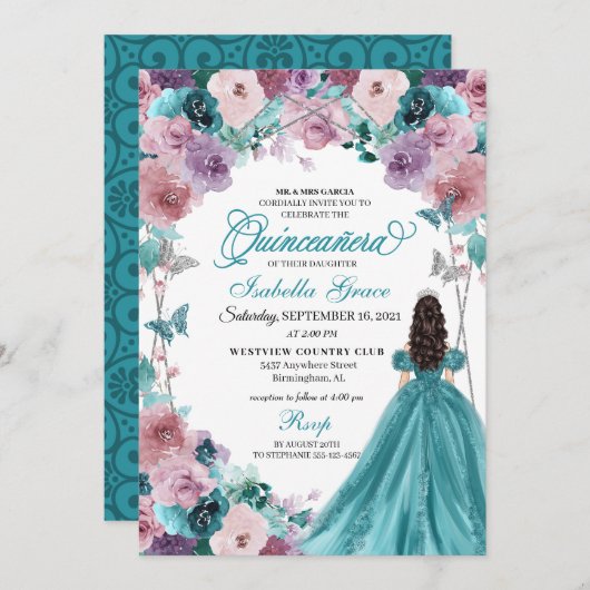 Invitation Turquoise & Mauve Coucher de soleil Quinceanera Pr (Devant / Derrière)