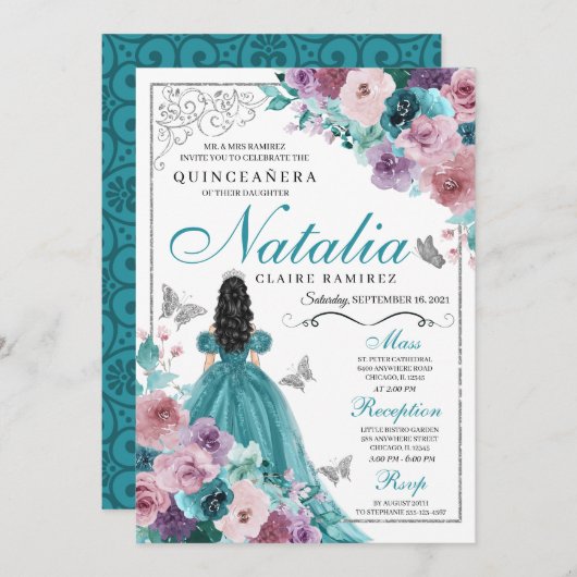 Invitation Turquoise & Mauve Ocean Sunset Princesse Quinceane (Devant / Derrière)