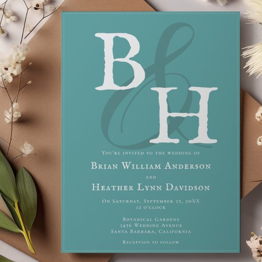 Invitation Turquoise minimaliste Mariage Monogramme