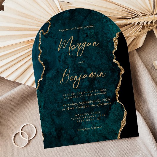 Invitation Turquoise moderne Agate Bleu Script Arch Mariage