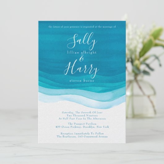 Invitation Turquoise, moderne Aquarelle Waves Mariage (Debout devant)