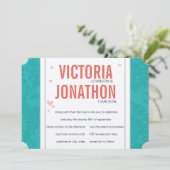 Invitation Turquoise moderne et Mariage damassé corail (Debout devant)