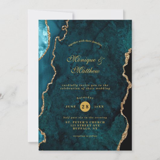 Invitation Turquoise moderne et or Agate Pierre Mariage Invit (Devant)