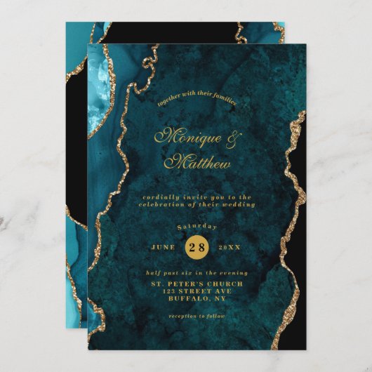 Invitation Turquoise moderne et or Agate Pierre Mariage Invit (Devant / Derrière)