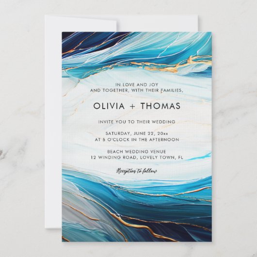 Invitation Turquoise moderne Gold Ink Ocean Wave Mariage (Devant)