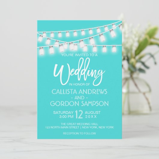 Invitation Turquoise moderne Mason Jar String Mariage (Debout devant)