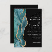 Invitation Turquoise moderne Noir Agate Or Parties scintillan (Devant / Derrière)