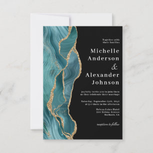 Invitation Turquoise moderne Noir Agate Or Parties scintillan