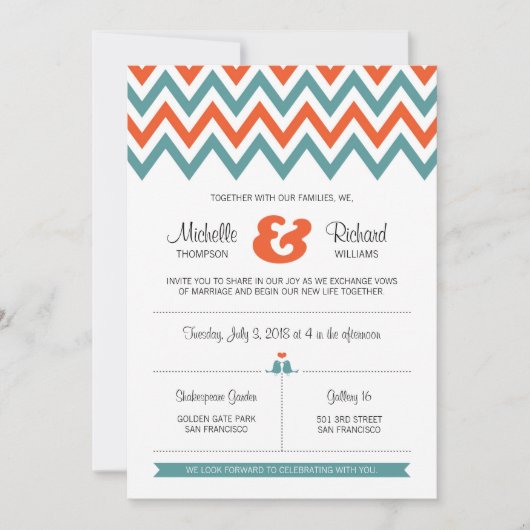Invitation Turquoise moderne & Orange Chevron & Lovebirds Mar (Devant)