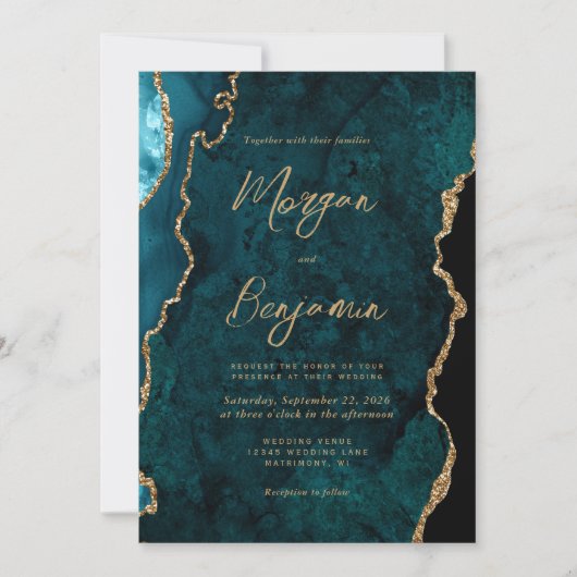 Invitation Turquoise moderne Script d'Agate Bleu QR Code Mari (Devant)