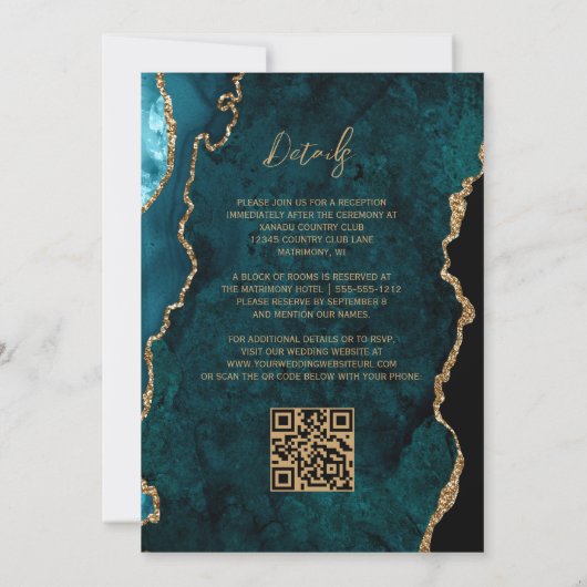 Invitation Turquoise moderne Script d'Agate Bleu QR Code Mari (Dos)