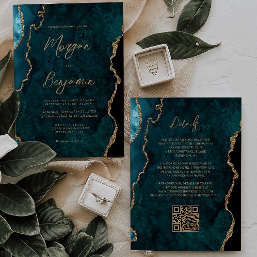 Invitation Turquoise moderne Script d'Agate Bleu QR Code Mari