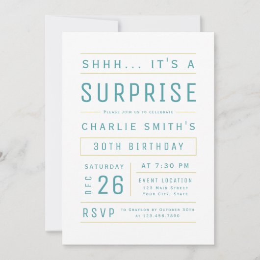 Invitation Turquoise Moderne Typographie Simple Surprise Anni (Devant)