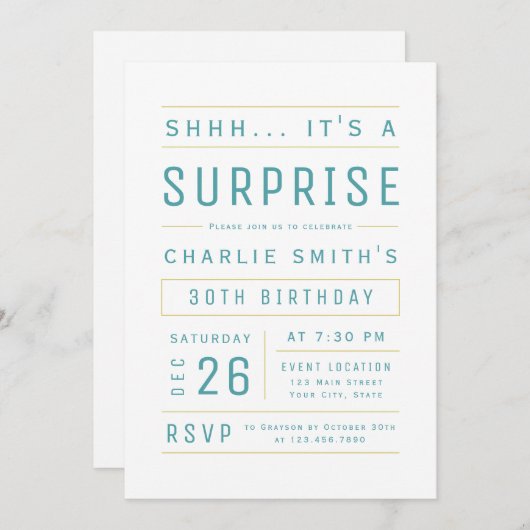 Invitation Turquoise Moderne Typographie Simple Surprise Anni (Devant / Derrière)