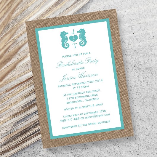 Invitation Turquoise Monogram Seahorse Beach Bachelorette