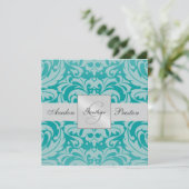 Invitation Turquoise Monogramme Mariage damassé (Debout devant)