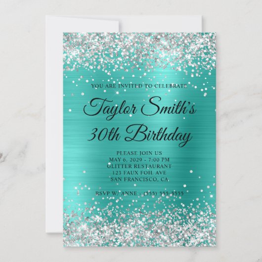 Invitation Turquoise Monogramme Paillettes Argent 30e Anniver (Devant)
