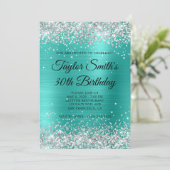 Invitation Turquoise Monogramme Paillettes Argent 30e Anniver (Debout devant)