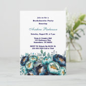 Invitation Turquoise Navy Blue Peony Flowers Bachelorette Par (Debout devant)