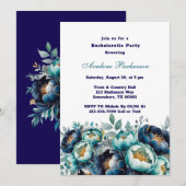 Invitation Turquoise Navy Blue Peony Flowers Bachelorette Par (Devant / Derrière)