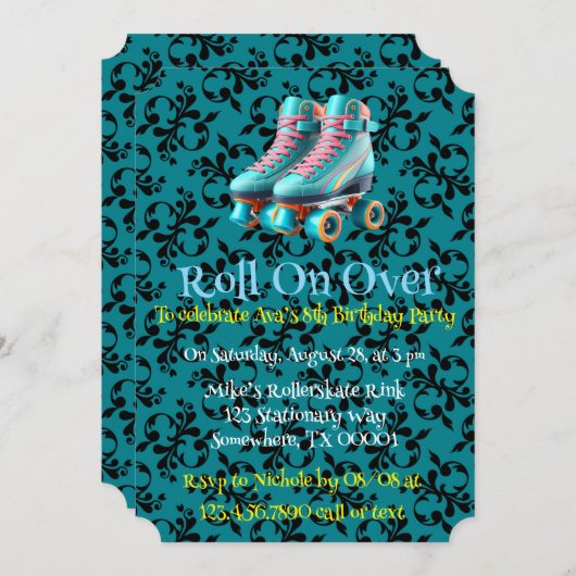 Invitation Turquoise Neon Rollerskate fête d'anniversaire (Devant / Derrière)