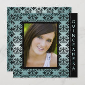 Invitation Turquoise noir Damas photo Sweet 15 Quinceanera (Devant / Derrière)