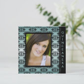 Invitation Turquoise noir Damas photo Sweet 15 Quinceanera (Debout devant)