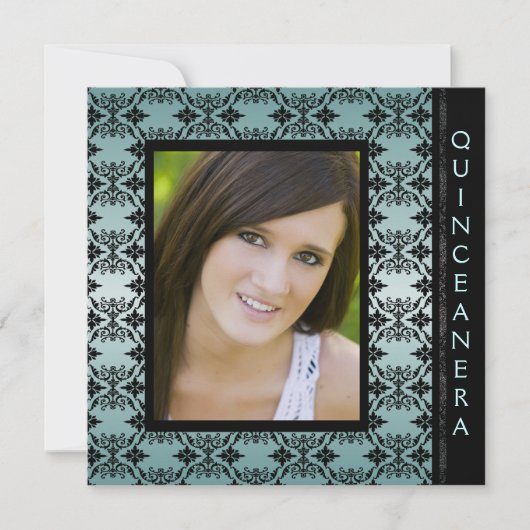 Invitation Turquoise noir Damas photo Sweet 15 Quinceanera (Devant)