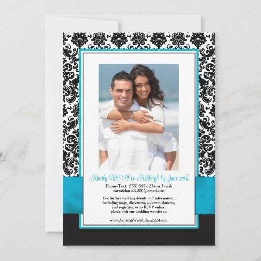 Invitation Turquoise, Noir Damask Love Hearve Mariage (Dos)