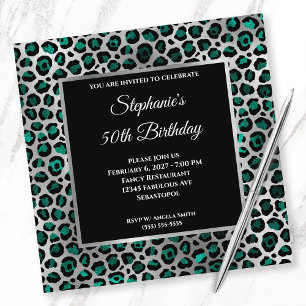 Invitation Turquoise Noir et Argent Glam 50e Anniversaire