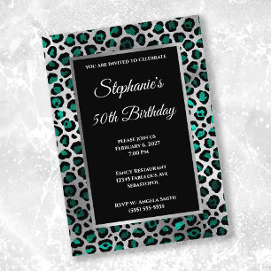 Invitation Turquoise, Noir et Glamour Léopard Argent pour les