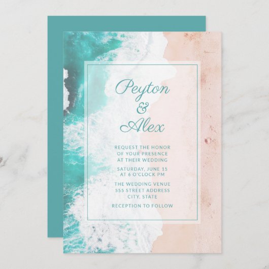 Invitation Turquoise Ocean Waves Beach Mariage tropical (Devant / Derrière)